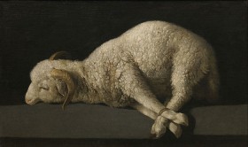 Öl-Gemälde eines Schafs mit zusammengebundenen Läufen