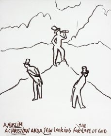 Ölkreidezeichnung: Drei Männer stehen im Gebirge und blicken suchend in die Landschaft