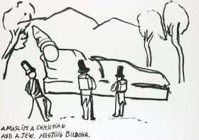 Ölkreidezeichnung: Drei Männer mit Hut betrachten eine Buddha-Statur