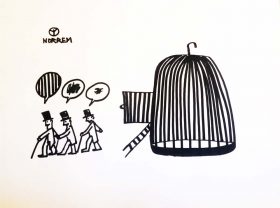 Drei Männer mit Denkblasen treten aus einem Vogelkäfig (Schwarz-Weiß-Zeichnung)