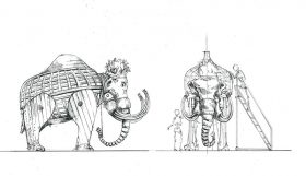 Tuschezeichnung eines Elephantengerüsts von der Seite und von vorne.