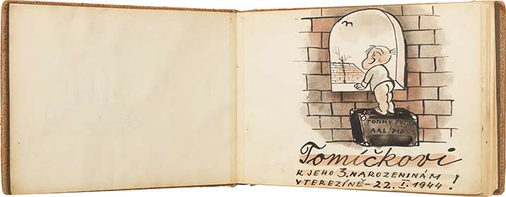 Aufgeklapptes Bilderbuch, das auf der rechten Bildseite ein Kleinkind zeigt, das aus einem Fenster einer Festung blickt