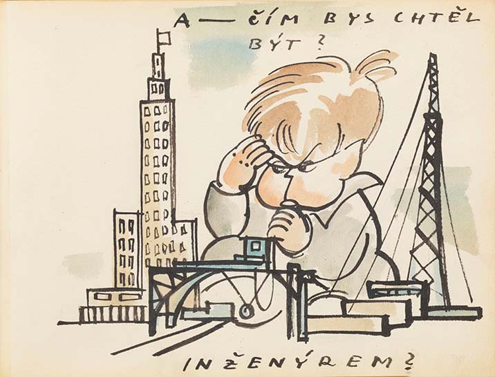 Seite aus dem Bilderbuch, auf der Tommy zwischen Wolkenkratzern und Brückenpfeiler beim Tüfteln zu sehen ist. Auf der Zeichnung steht auf Tschechisch: »Was möchtest du werden? Ingenieur?«.