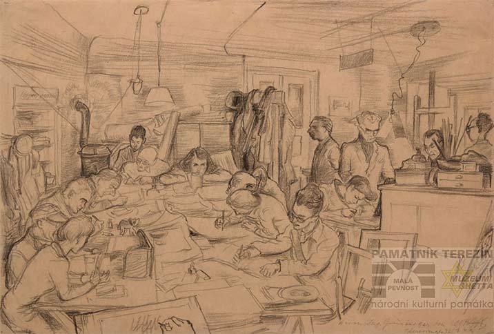 Die Zeichnung zeigt Männer und Frauen, die größtenteils dichtgedrängt gemeinsam an einem Arbeitstisch sitzen und zeichnen.