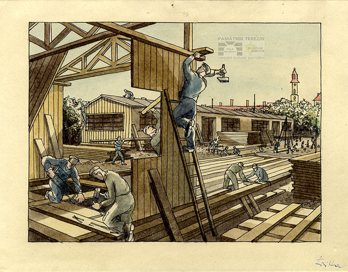 Das Aquarell zeigt wohlgenährte Arbeiter beim Bau von Baracken bei blauem Himmel und Sonnenschein