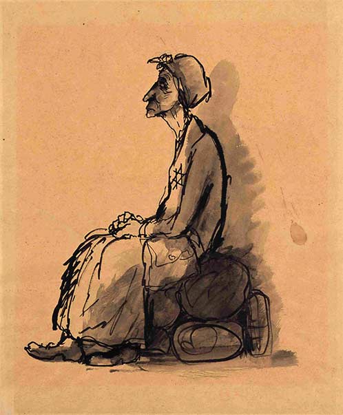 Zeichnung, die eine alte, auf Gepäck sitzende Frau mit Judenstern zeigt
