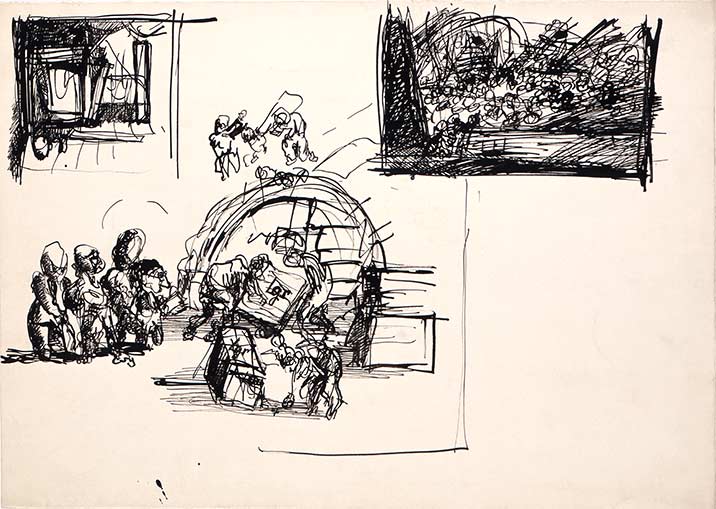 Bedrich Fritta, Three sketches: Inside a Barracks - Carrying Away the Corpses - Clearing the Sudeten Barracks