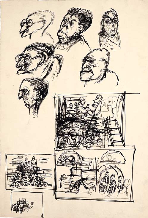 edrich Fritta, Sketches: Six Heads - The Life of a Privileged Detainee - Carrying Away the Corpses