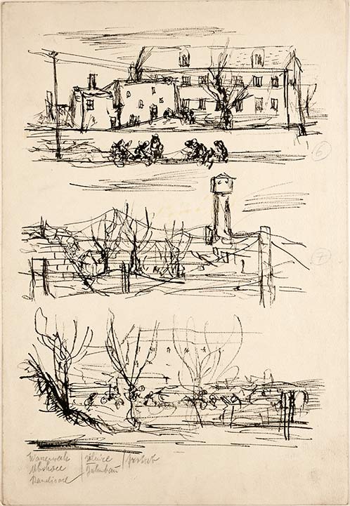 Bedrich Fritta, Three sketches: Group in front of Buildings - Fencing and Water Tower - Fencing and Buildings