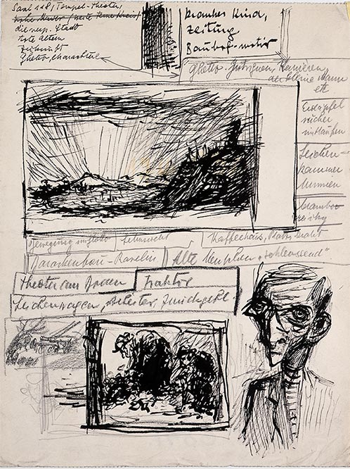 Bedrich Fritta, Three sketches: Landscape - Old People Sorting Garbage - Study of a Young Man