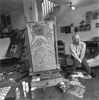 R.B. Kitaj in his atelier with "Self Portrait (Hockney Pillow)" on the easel, 1993