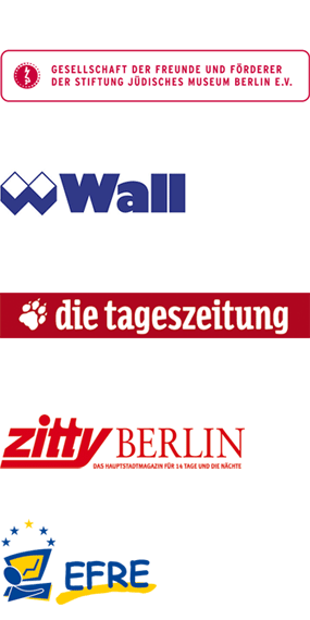 Logos der Gesellschaft der Freunde und Förderer der Stiftung Jüdisches Museum Berlin, der Wall AG, der Tageszeitung, Zitty Berlin und EFRE