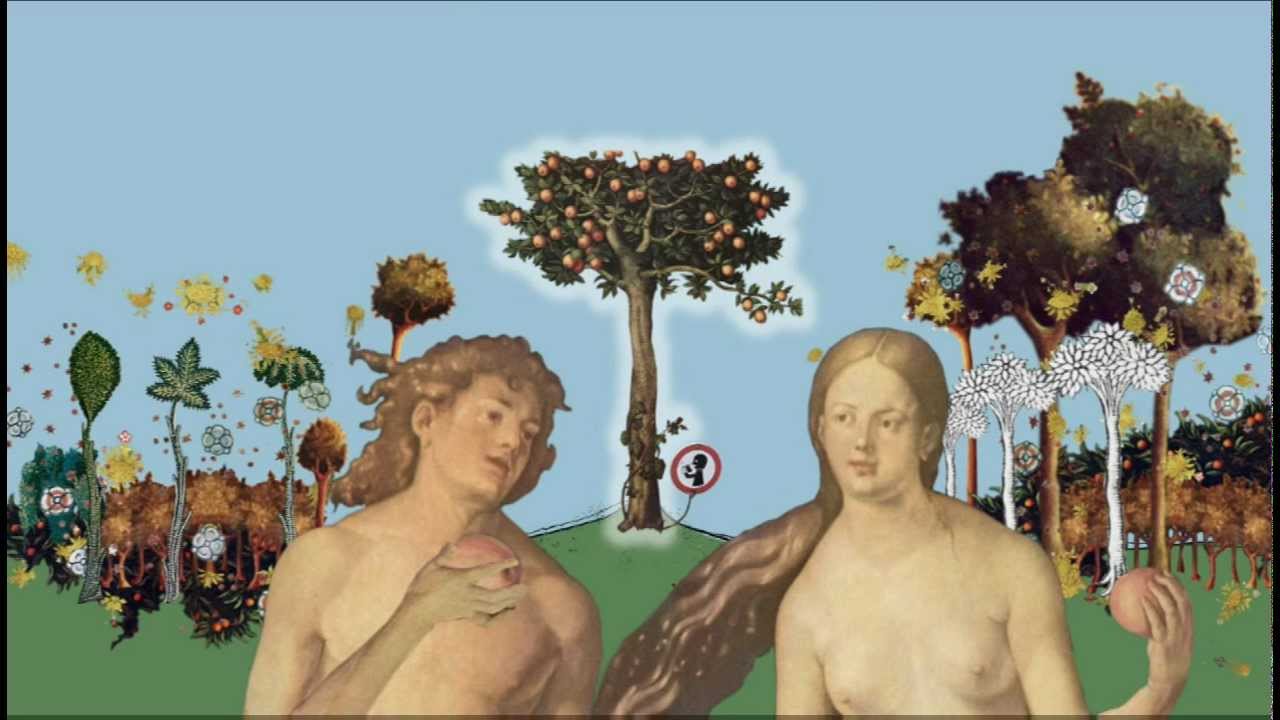The graphic shows Adam and Eve in paradise.