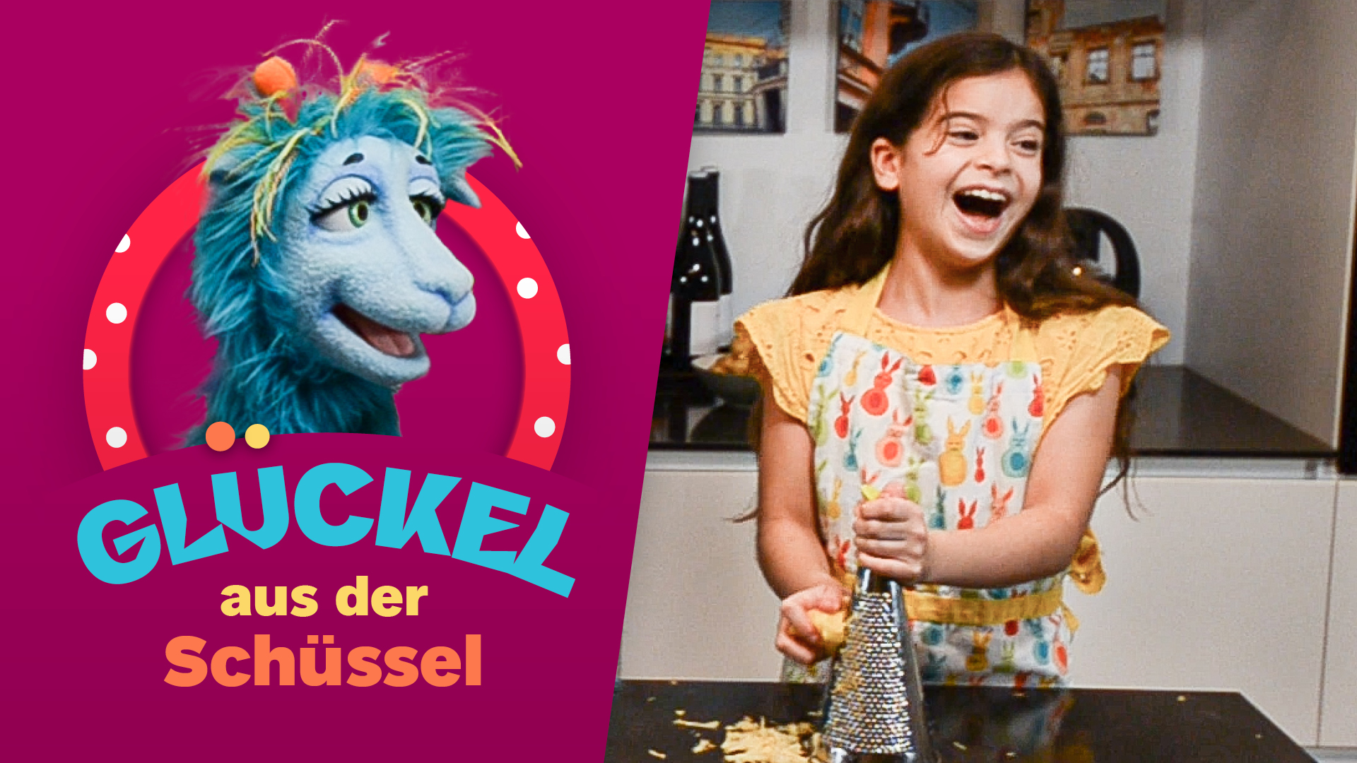 Girl standing next to Jewish fantasy creature Glückel pushing onions from a board into a bowl with a knife.