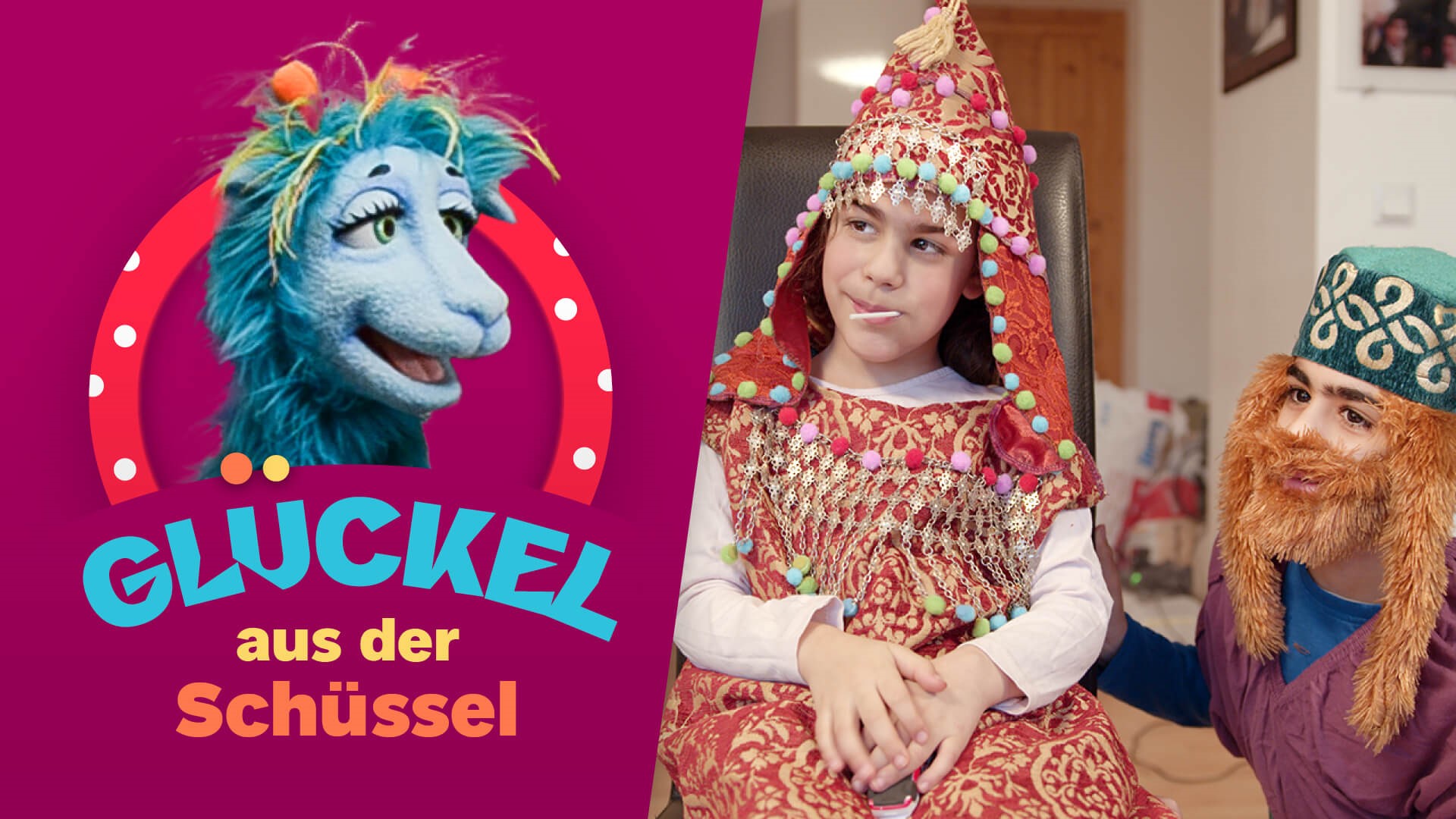 Thumbnail with purple background Glückel logo and two children dressed up.