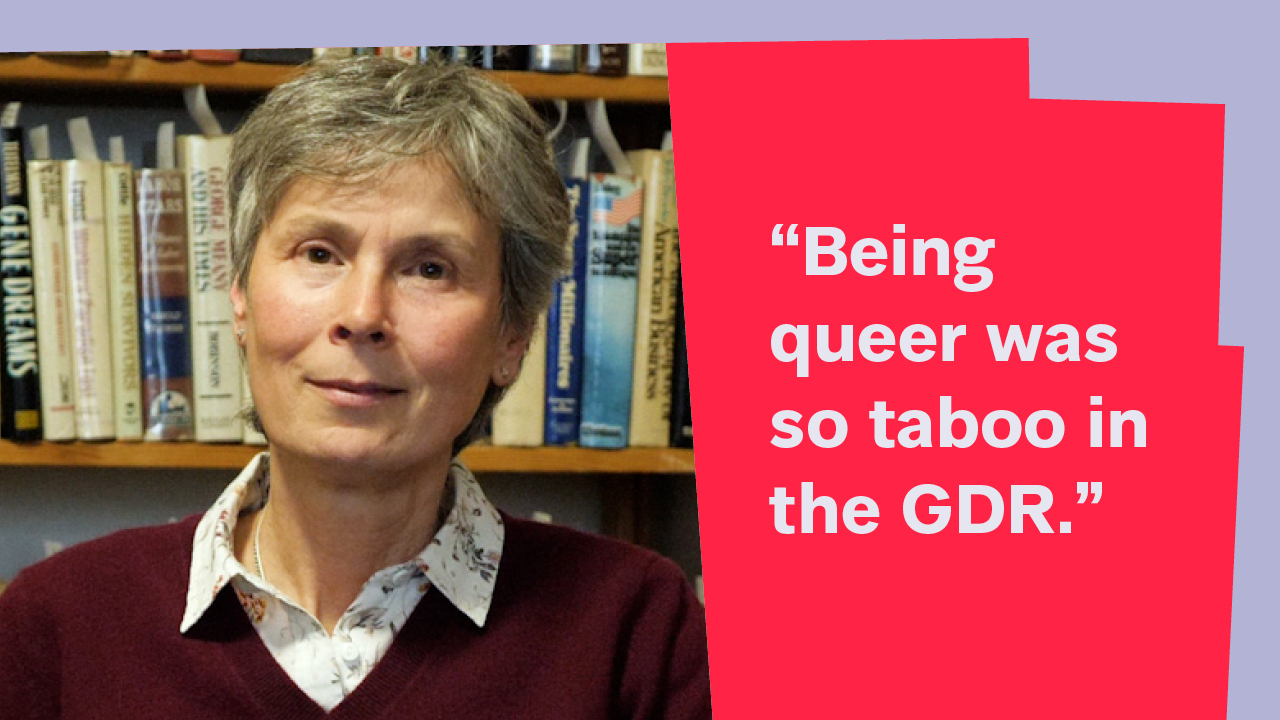 Portrait of Cathy Gelbin with the quote: “Being queer was so taboo in the GDR.”