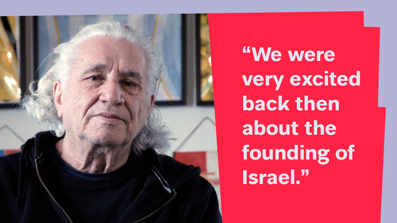 Portrait of Martin Schreier with the quote: “We were very excited back then about the founding of Israel.”