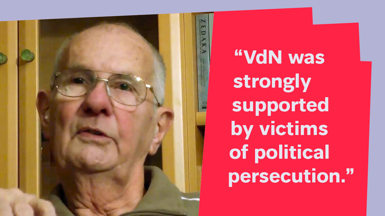 Portrait of Peter Kirchner with the quote: “VdN was strongly supported by victims of political persecution.”