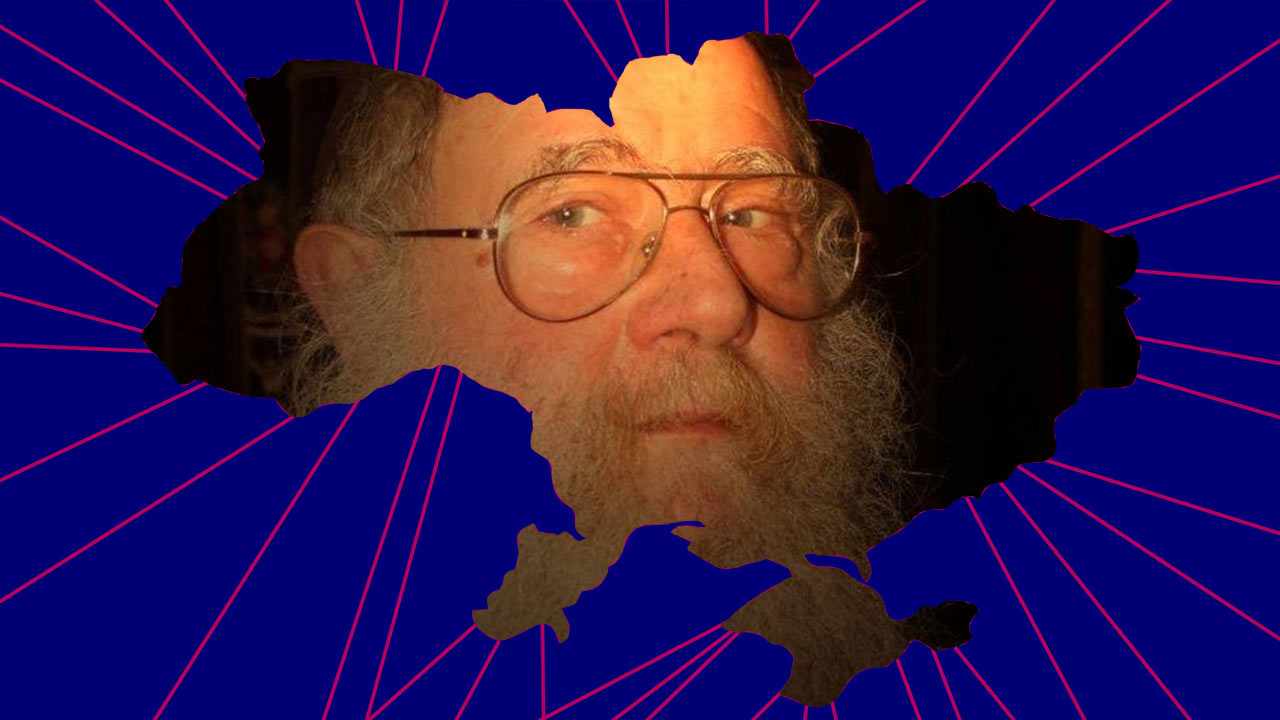 Blue visual with contours of Ukraine, in it the face of a bearded man wearing glasses.