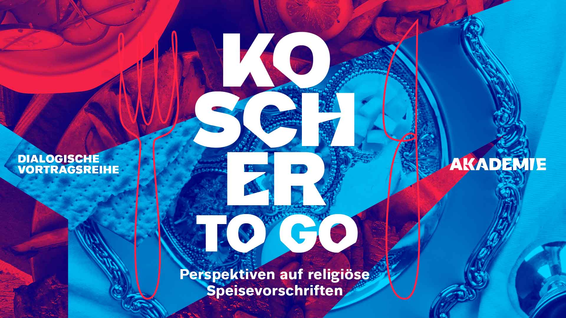 Blau-rote Collage von Essen, im Vordergrund der Text "Kosher to-go".
