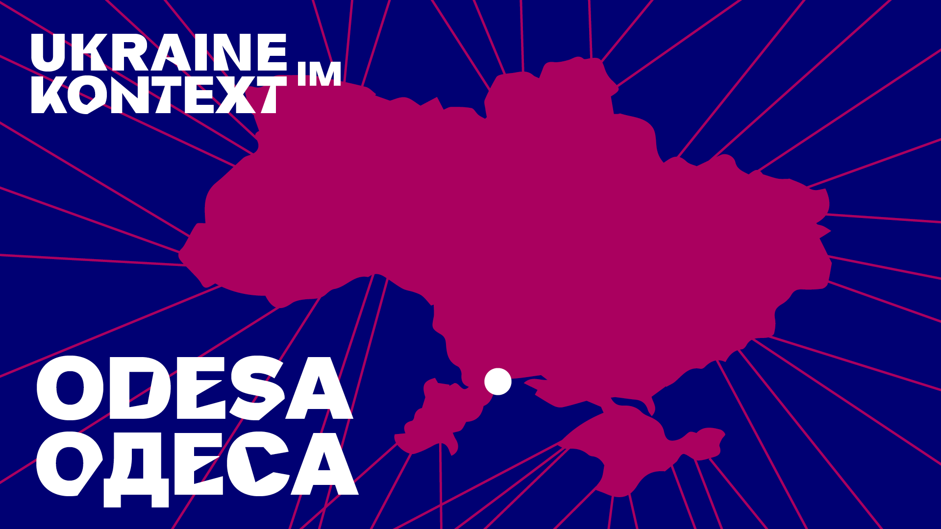 Graphic: The shape of Ukraine in berry color on dark blue background.