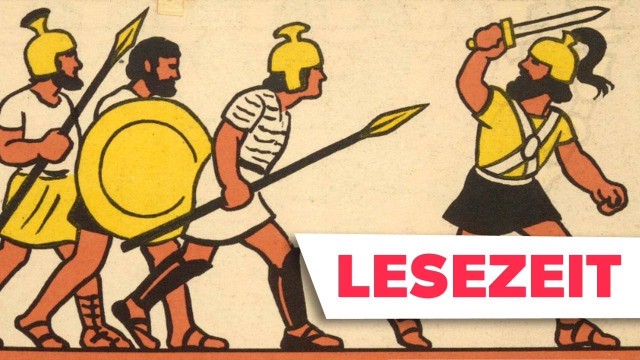 Vier gezeichnete römische Soldaten mit Speeren und Schildern stürmen von links nach rechts durchs Bild; rechts unten im Bild ist der Schriftzug „Lesezeit“ zu sehen