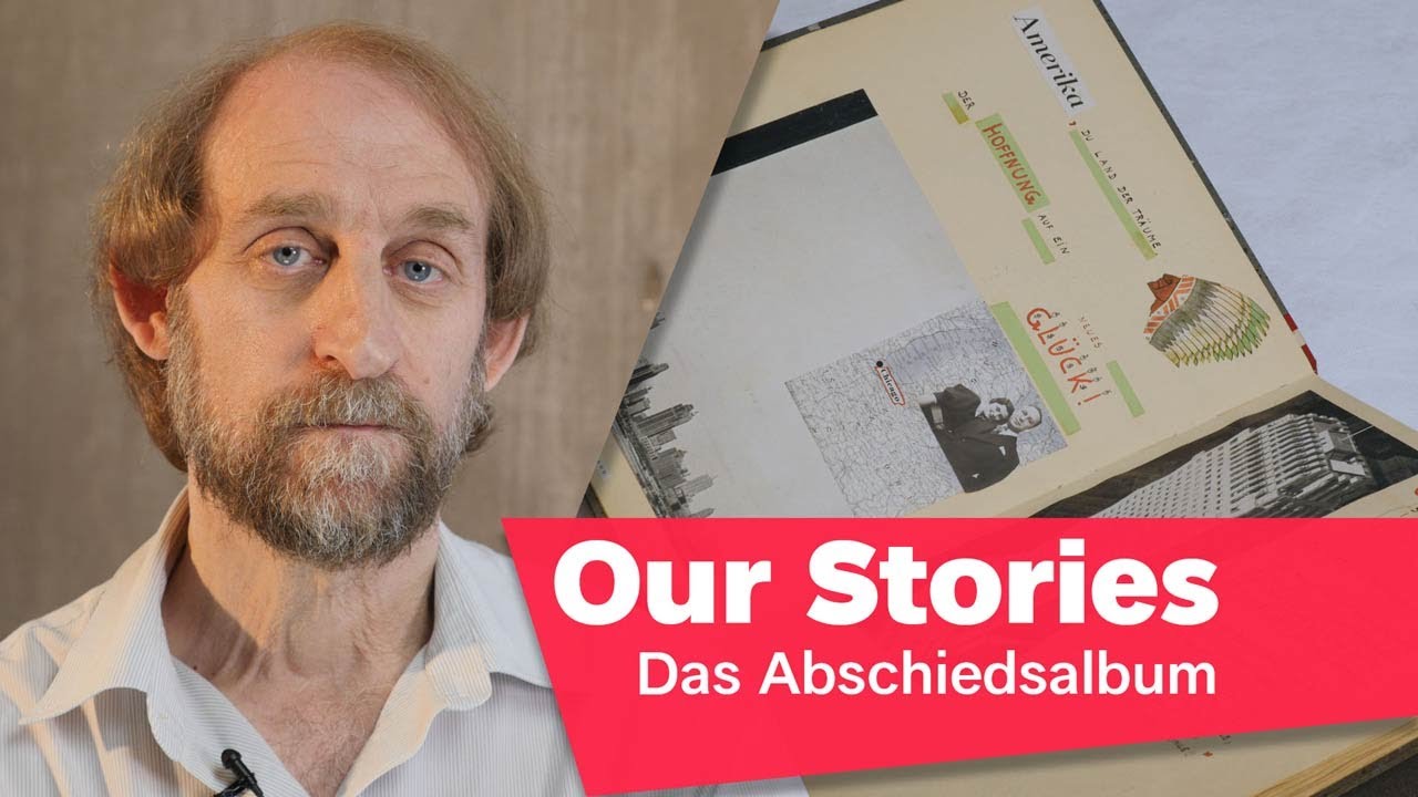 Portrait photo of Aubrey Pomerance, in the background an opened album, in the lower right corner of the picture the inscription “Our Stories: Das Abschiedsalbum” (The Family Album).