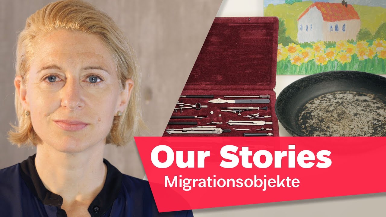 Portrait photo of Theresia Ziehe, in the background a compass box, a pan and a child’s drawing, in the lower right corner of the picture the inscription “Our Stories: Migrationsobjekte” (Migration Objects).