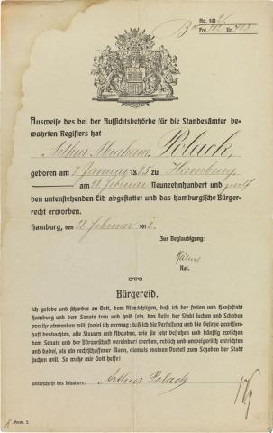 Decorative certificate with Hamburg coat of arms, printed form, filled out by hand.