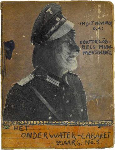 Collage mit Schrift: Doktor Göbbels Mummenschanz. Zu sehen ist ein Figur in militärischer NS-Uniform mit dem Kopf eines Löwen.