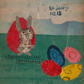 Collage: a rabbit sits on a green meadow surrounded by colorful Easter eggs.