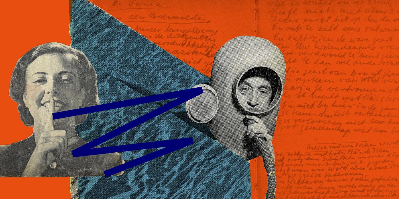 Collage in grau-blau auf orangem Hintergrund mit blauer Zickzacklinie: der Kopf eines Mannes in einer Taucherglocke, seine Hand umfasst einen Schlauch, daneben ein Manometer.
