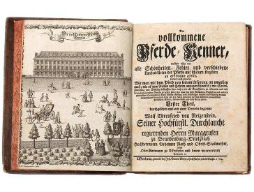 Open book with leather cover showing an illustration of people riding and strolling in front of a grand building, alongside the title page of Der vollkommene Pferdekenner