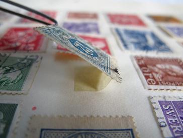 Pinzette hebt Briefmarke in einem Album an.