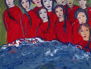 Painting showing several girls in red tops in front of blue water.