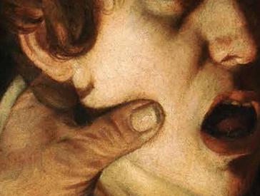 Painting: a hand reaches into the face of a boy.