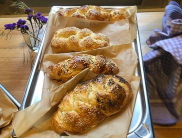 A baking sheet with four yeast plaits sprinkled with sesame seeds and poppy seeds.