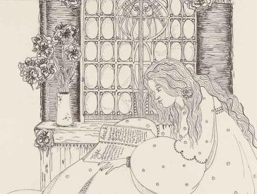 Zeichnung einer jungen Frau, die in einem Tagebuch blättert. Sie sitzt innen vor einem Fenster.