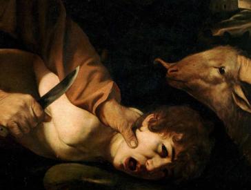 Malerei, ein Junge wird gewaltvoll von einer Hand auf einen tisch gedrückt und mit einem Messer bedroht.
