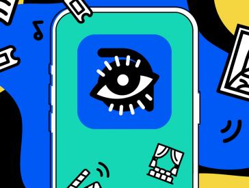 Colorful graphic showing a cell phone with the icon of the KulturPass app, an eye on a blue background. 