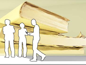 Design sketch: Schemes of three people in front of oversized stack of books.