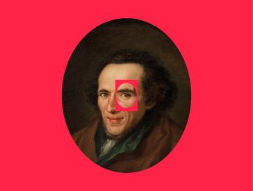 Rot umrandetes Porträt von Moses Mendelssohn, der die Betrachtenden direkt anblickt