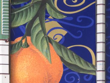 Malerei einer Orange auf blauem Grund.
