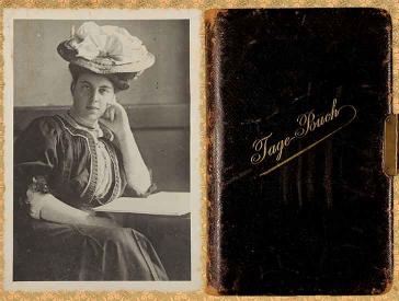 Left: black and white portrait photo of a young lady. She wears a high-necked dress with hat in the style of the 1910s. Right: cover of a worn diary with leather binding and the golden lettering “Tage-Buch” (diary).