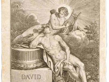 Radierung von Merkur, der an einem Säulenstumpf mit der Beschriftung "David / Fridlaender" lehnt. Über ihm auf einer Wolke sitzt Apoll mit Köcher, Leier und Lorbeerkranz.