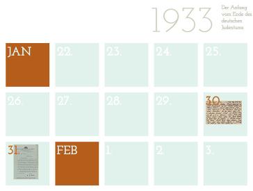 Screenshot einer Website: zu sehen ist die Jahreszahl „1933“ und ein Kalender, der die letzten Tage des Monats Januar und die ersten Tage des Monats Februar als quadratische Flächen repräsentiert.