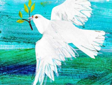 Drawing of white dove with olive branch in beak in front of blue background.