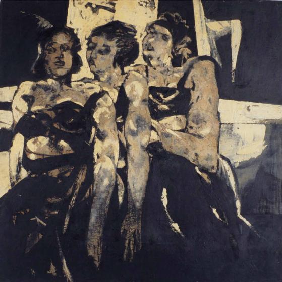 The painting shows three women in revealing black dresses standing behind each other, their faces are expressionless