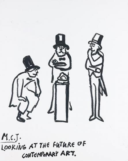 Drawing of three men looking at an objekt on a pillar