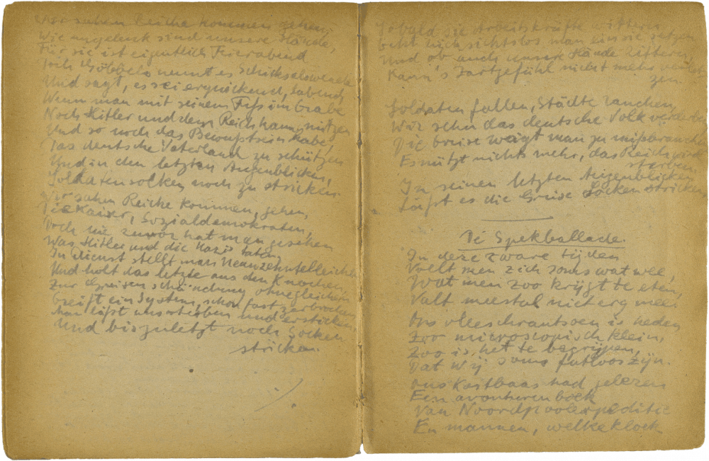 Handwritten two-page spread with the heading “De Spekballade” (The Bacon Ballad).